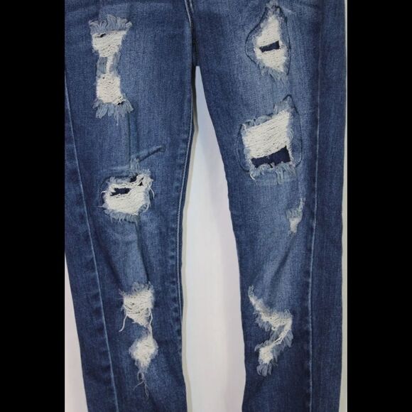 Kancan Estilo Skinny Distressed Dark Wash Denim Blue Jeans Size 26 DESTROYED HEM - Picture 2 of 7